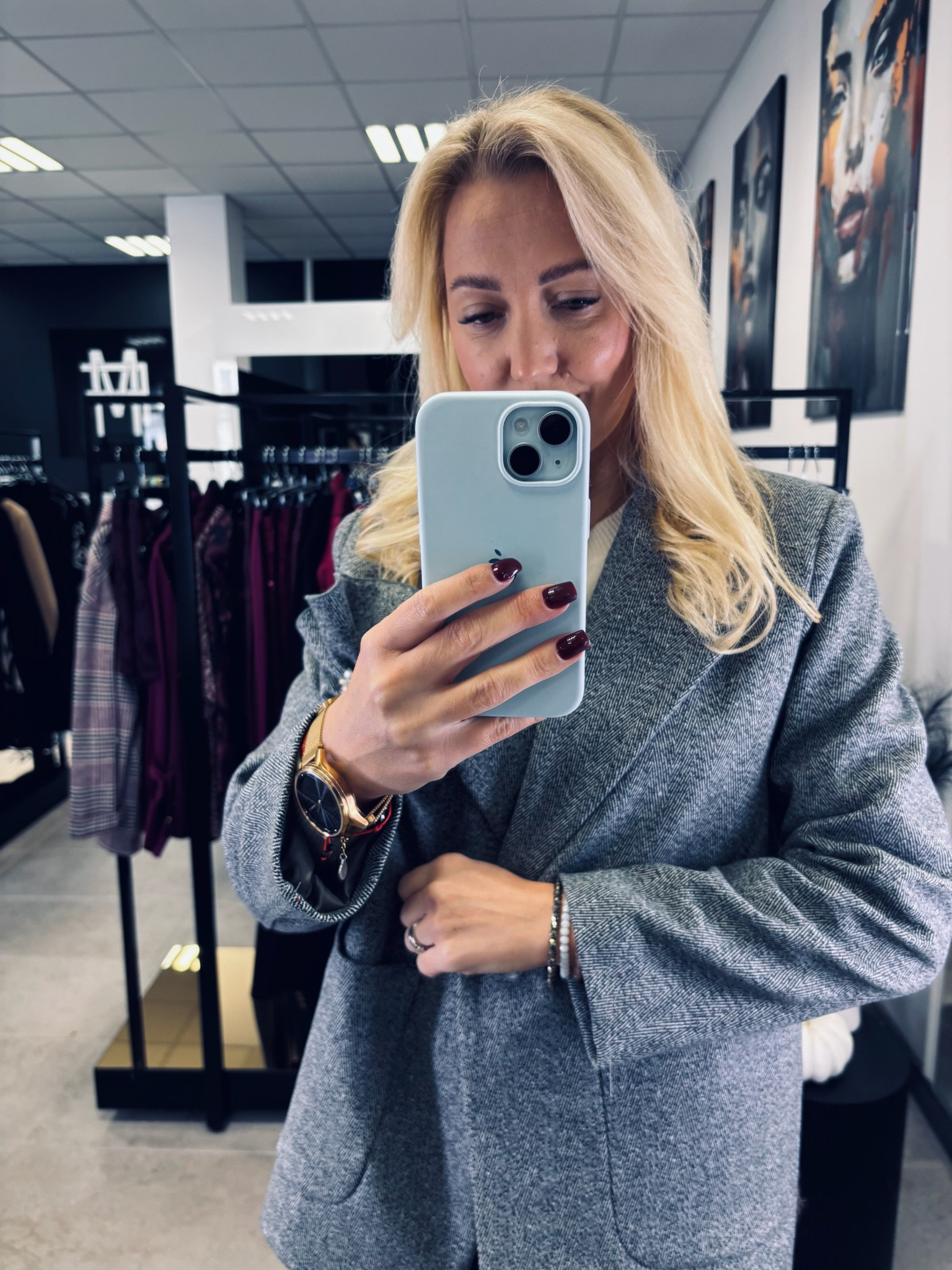  WEŁNIANA MARYNARKA Z ODPINANYM KWIATEM-SZARY MELANŻ