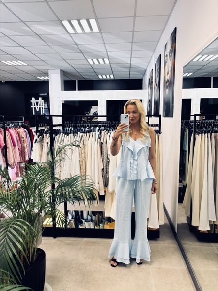 LNIANY KOMPLET SPODNIE DZWONY +BLUZKA Z FALBANKAMI